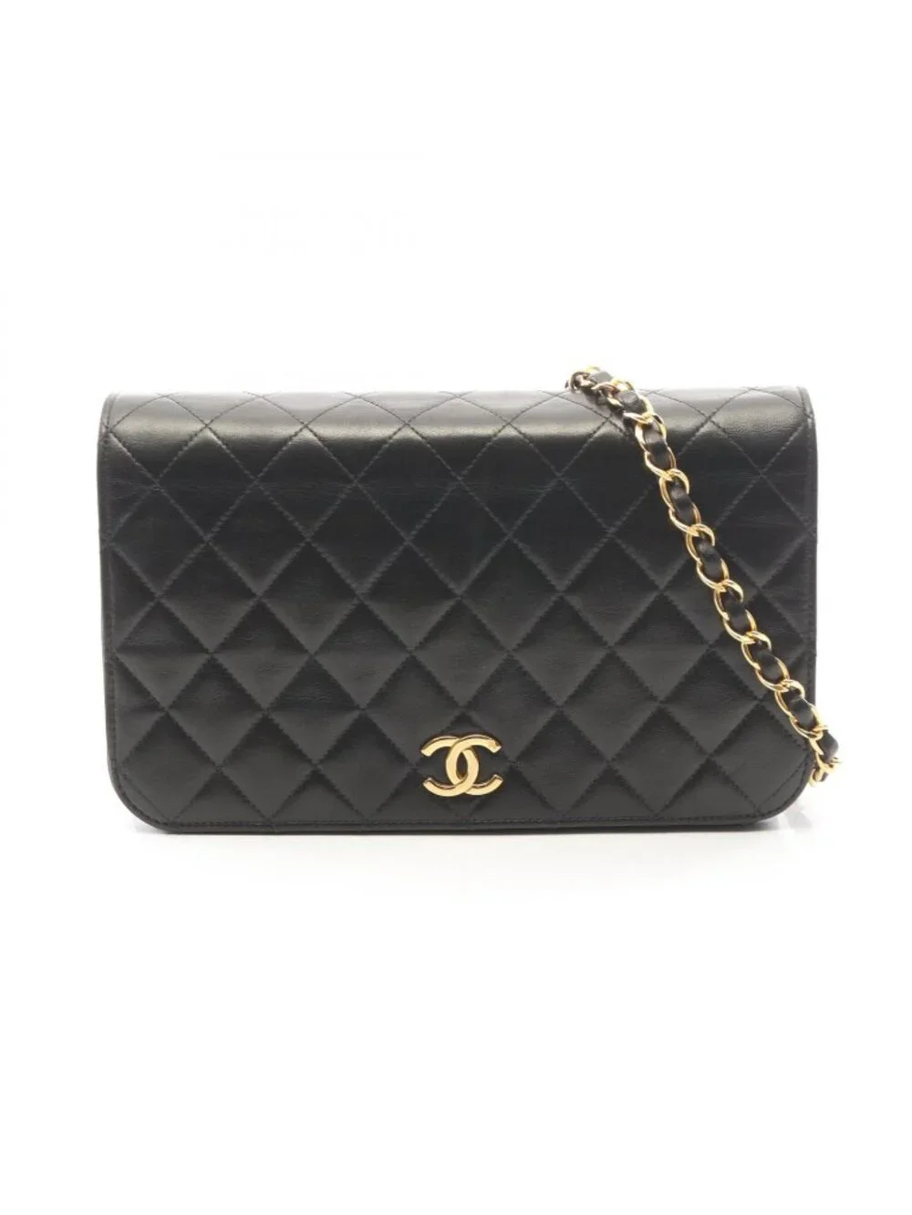Chanel Shoulder Bag Quilted Fullflap Push Lock Black Lambskin Chain